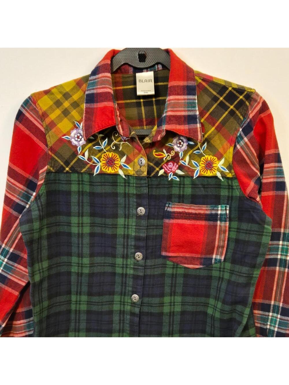 Vintage 90s Blair Colorblock Plaid Flannel Shirt Embroidered Floral